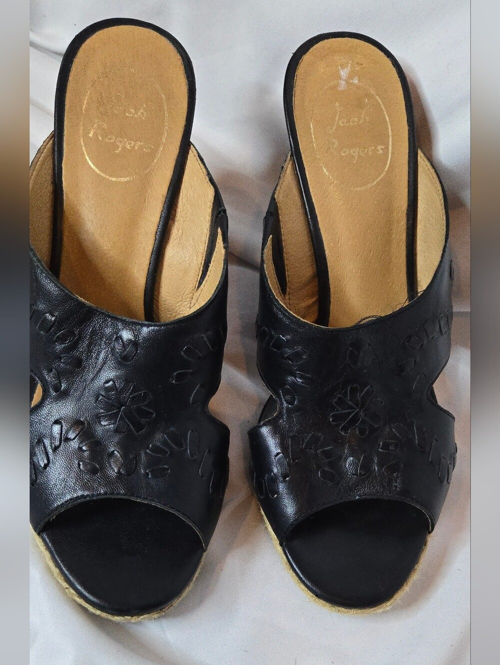 Jack Rogers Sophia Black Leather Women's 8 Espadrille Wedge Slide Sandals - Picture 3 of 9